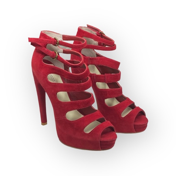 Leon Max 𖣴 Link Suede Platform Gladiator Stilettos Heels 𖣴 Fire Engine Red 𖣴 SJP - Picture 10 of 16